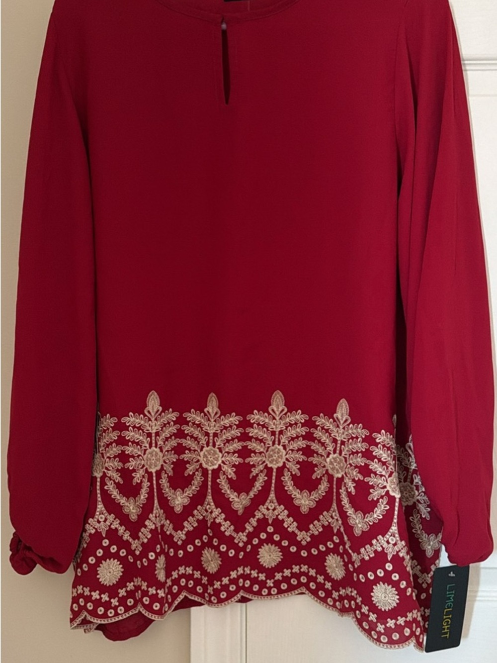 Limelight Red Long-Sleeve Blouse with Cream Embroidery